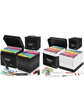 Dual Tip Alcohol Markers Set - 100 Black & 100 White Colors with Cases & Holders